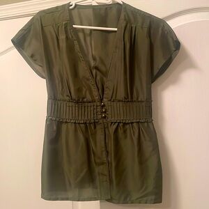 Vintage Women's Olive Green 100% Silk Peplum Blouse | Size Small | Workwear